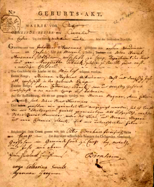 Auszug aus dem Geburtsregister des Standesamtes Kamp von 1800